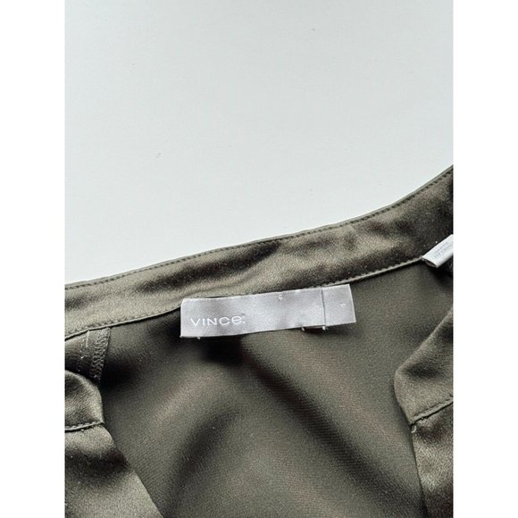 VINCE Olive Green Silk Charmeuse Split Neck Relaxed Tunic Blouse, Size S - Picture 12 of 15